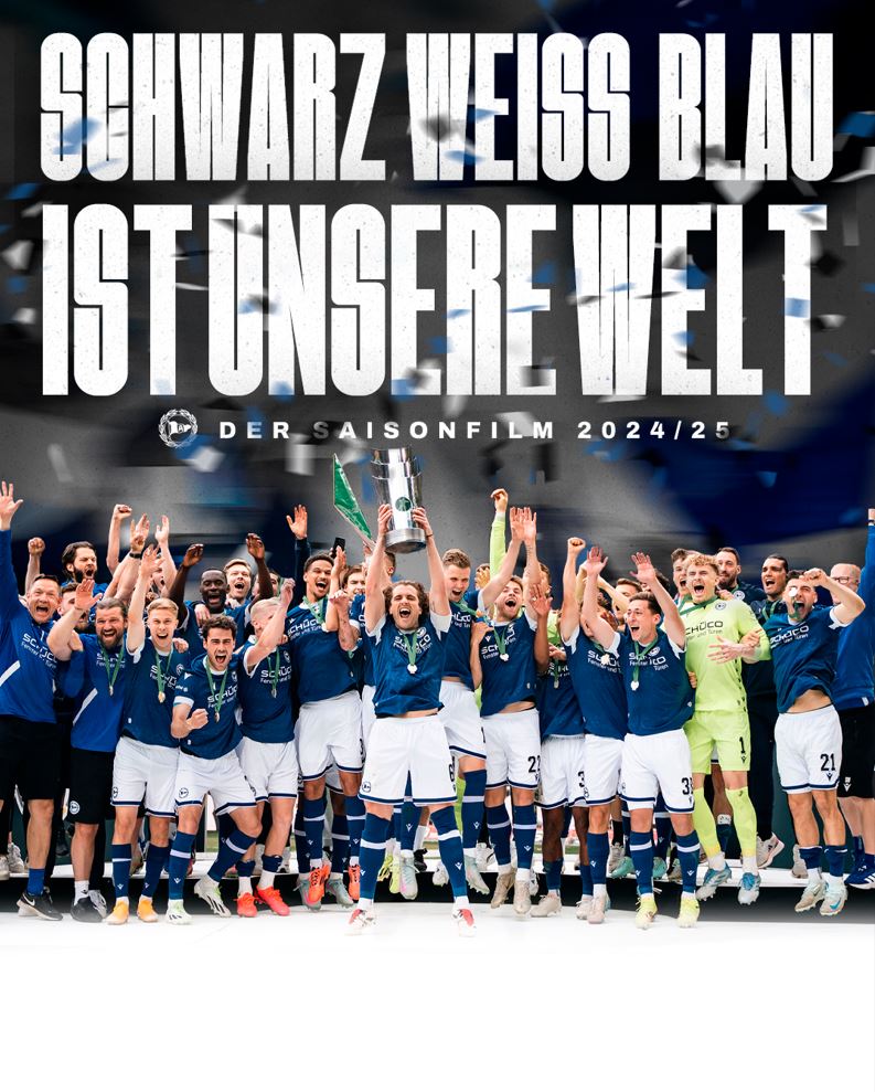Filmplakat des Titels „SCHWARZ WEISS BLAU IST UNSERE WELT - DER SAISONFILM VON ARMINIA BIELEFELD”